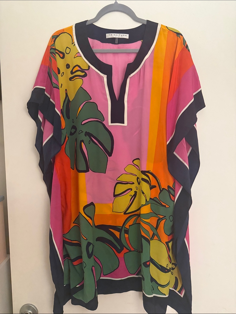 Trina Turk Pink & Orange Tropical Leaf Caftan Tunic